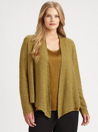 Behold, an open-front cardigan with a gorgeous draped front. Open-front styleLong sleevesAbout 26 from shoulder to hemWool/viscose/nylon/mohair/cashmere/spandexDry cleanImported of Italian fabric