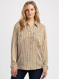 A mesmerizing chain print adds an elegant look to this button-down design. Wear this blouse tucked into your favorite jeans.Collar neckLong sleevesButton frontPatch pocketsAllover printBack yokeAbout 28 from shoulder to hemPolyesterMachine washImported A mesmerizing chain print adds an elegant look to this button-down design. Wear this blouse tucked into your favorite jeans.Collar neckLong sleevesButton frontPatch pocketsAllover printBack yokeAbout 28 from shoulder to hemPolyesterMachine washImported