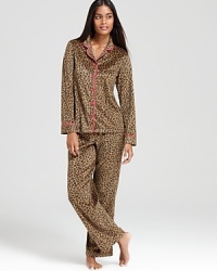 Ready, set, sleep in LAYLA's leopard-print pajamas with contrast trim and a classic notch-collar top. Ready, set, sleep in LAYLA's leopard-print pajamas with contrast trim and a classic notch-collar top.