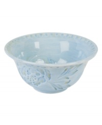 Sculpted blooms and a classic silhouette make the Toulouse cereal bowl by Fitz and Floyd a charming part of any casual landscape. A rustic sky-blue glaze adds to its antique appeal. Sculpted blooms and a classic silhouette make the Toulouse cereal bowl by Fitz and Floyd a charming part of any casual landscape. A rustic sky-blue glaze adds to its antique appeal.