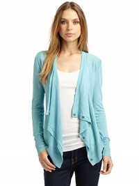 THE LOOKDraped frontFront button closureRibbed knit banded cuffs and hemTHE FITAbout 27 from shoulder to hemTHE MATERIALLinenCARE & ORIGINHand washImportedModel shown is 5'9 (175cm) wearing US size Small. THE LOOKDraped frontFront button closureRibbed knit banded cuffs and hemTHE FITAbout 27 from shoulder to hemTHE MATERIALLinenCARE & ORIGINHand washImportedModel shown is 5'9 (175cm) wearing US size Small.