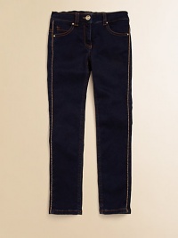 For the aspiring fashionista, a glam pair of jeans with Fendi logo print trim.Front buttonWaistband with belt loopsFive-pocket style with embossed logo on back pocket98% cotton/2% elastaneMachine washMade in Italy of imported fabric For the aspiring fashionista, a glam pair of jeans with Fendi logo print trim.Front buttonWaistband with belt loopsFive-pocket style with embossed logo on back pocket98% cotton/2% elastaneMachine washMade in Italy of imported fabric