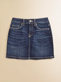 Subtly faded denim and complemented by contrast stitching, she will adore this stretch denim skirt.Button closureZip flyFront whiskeringFive-pocket styleDistressed details along front pocketsBelt loopsMetal rivet details Signature back pocketsHits above the knee98% cotton/2% spandexMachine washImported of Italian fabric Subtly faded denim and complemented by contrast stitching, she will adore this stretch denim skirt.Button closureZip flyFront whiskeringFive-pocket styleDistressed details along front pocketsBelt loopsMetal rivet details Signature back pocketsHits above the knee98% cotton/2% spandexMachine washImported of Italian fabric