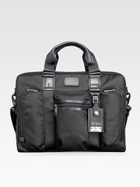 A slim design tailor-made for easygoing professionals in signature ballistic nylon with interior organization and plenty of room for papers and files. Zip closure Top handles Adjustable shoulder strap Exterior zip pockets Interior zip, slip pockets Nylon with leather accents 16W X 12H X 5D Imported 