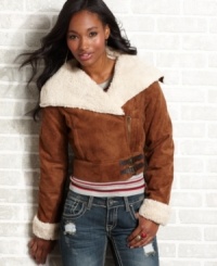 Hit the slopes or hit the town in this sherpa-lined, faux-suede shearling jacket from JJ Basics. With its shrunken moto design and sumptuous fabrication, this layer is sure to warm you up in high style. Hit the slopes or hit the town in this sherpa-lined, faux-suede shearling jacket from JJ Basics. With its shrunken moto design and sumptuous fabrication, this layer is sure to warm you up in high style.