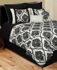 Elegance defined, in black and white. Feel the allure of this Channing Flocked comforter set, showcasing intricate flourish designs and simple solids for a stunning presentation. Elegance defined, in black and white. Feel the allure of this Channing Flocked comforter set, showcasing intricate flourish designs and simple solids for a stunning presentation.