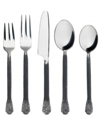 A flatware set with elements of modern, rustic and classic design, Avalon brings new, eclectic style to casual tables. Polished tines, bowls and knife blade flow into hammered charcoal handles with flat, embellished tips. A flatware set with elements of modern, rustic and classic design, Avalon brings new, eclectic style to casual tables. Polished tines, bowls and knife blade flow into hammered charcoal handles with flat, embellished tips.