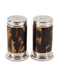 The alluring beauty of multi-faceted Tortoise shell finish presents a warm accent to clean stainless steel in this pair of shakers from Lauren by Ralph Lauren. The alluring beauty of multi-faceted Tortoise shell finish presents a warm accent to clean stainless steel in this pair of shakers from Lauren by Ralph Lauren.