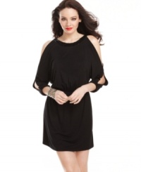 Get a shimmer rush in this little black dress from GUESS?. Sporting a glaze of sequins at the neckline, plus a few skin-flaunting cutouts at the sleeves, this number has dark glam appeal! Get a shimmer rush in this little black dress from GUESS?. Sporting a glaze of sequins at the neckline, plus a few skin-flaunting cutouts at the sleeves, this number has dark glam appeal!
