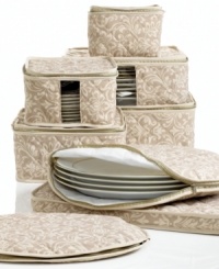 Keep china safe between special occasions with this 8-piece storage set. Soft microfiber resists dust and stains while securing each piece in your dinnerware collection, from teacups to serving platters, between layers of plush quilting. A great idea for family heirlooms and holiday china. Keep china safe between special occasions with this 8-piece storage set. Soft microfiber resists dust and stains while securing each piece in your dinnerware collection, from teacups to serving platters, between layers of plush quilting. A great idea for family heirlooms and holiday china.