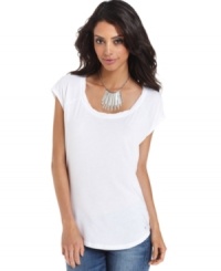 A contrast exposed zipper at back center ups the edge on this GUESS? top -- perfect for an effortlessly cool look! A contrast exposed zipper at back center ups the edge on this GUESS? top -- perfect for an effortlessly cool look!