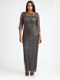 Here's a dress as special as the occasion, a flattering column of metallic lace, dotted with sequins, glistening all the way to the floor.Boat neckline in front, deep V in backThree-quarter sleevesBack zip closureStraight shapeHigh slit on one sideSeparate stretch satin slip liningAbout 45 from natural waistPolyester/metallicDry cleanImported Here's a dress as special as the occasion, a flattering column of metallic lace, dotted with sequins, glistening all the way to the floor.Boat neckline in front, deep V in backThree-quarter sleevesBack zip closureStraight shapeHigh slit on one sideSeparate stretch satin slip liningAbout 45 from natural waistPolyester/metallicDry cleanImported