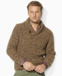 Handsome and hearty in chunky cable knit, this heritage-infused shawl-collar sweater is crafted from a luxurious blend of wool, silk, alpaca and cashmere yarns. Handsome and hearty in chunky cable knit, this heritage-infused shawl-collar sweater is crafted from a luxurious blend of wool, silk, alpaca and cashmere yarns.