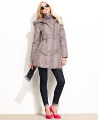 A knit collar and cool quilting distinguish this puffer coat from Vince Camuto. A sleek take on a classic coat! A knit collar and cool quilting distinguish this puffer coat from Vince Camuto. A sleek take on a classic coat!