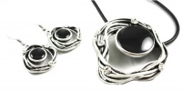 Unique City Gypsies Messy Abstract Swirl Pendant Necklace and Earrings Set with Black Epoxy & Ice CZ Crystal Accents Antique Silver Tone on Black Cord Unique City Gypsies Messy Abstract Swirl Pendant Necklace and Earrings Set with Black Epoxy & Ice CZ Crystal Accents Antique Silver Tone on Black Cord