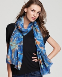 Vibrant, oversized flowers bloom across Bindya's cashmere-silk blend scarf. Vibrant, oversized flowers bloom across Bindya's cashmere-silk blend scarf.
