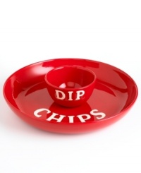 Snack with a side of fun. Tomato-red earthenware with white block letters gives this chip and dip set a cool, novelty feel. From Tabletops Unlimited's collection of serveware and serving dishes. Snack with a side of fun. Tomato-red earthenware with white block letters gives this chip and dip set a cool, novelty feel. From Tabletops Unlimited's collection of serveware and serving dishes.