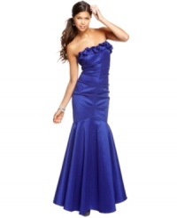 From the sparsely pleated bodice to the dramatic, trumpet-style silhouette, gorgeous details abound on a gown that epitomizes Hollywood glam! From Jump. From the sparsely pleated bodice to the dramatic, trumpet-style silhouette, gorgeous details abound on a gown that epitomizes Hollywood glam! From Jump.