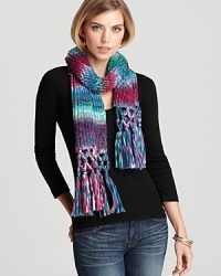 Brighten up your winter wardrobe in Aqua's chunky, space-dyed scarf with knotted fringe edges for a boho-chic look. Brighten up your winter wardrobe in Aqua's chunky, space-dyed scarf with knotted fringe edges for a boho-chic look.