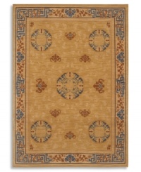 Porcelain blues blend with cinnabar browns on this exquisite Karastan rug. Framed in unique fretwork designs, the Mandarin area rug displays a saffron yellow field, speckled with Chinese medallions and stylized bat motifs. Woven from worsted New Zealand wool and luster-washed for extra sheen. Porcelain blues blend with cinnabar browns on this exquisite Karastan rug. Framed in unique fretwork designs, the Mandarin area rug displays a saffron yellow field, speckled with Chinese medallions and stylized bat motifs. Woven from worsted New Zealand wool and luster-washed for extra sheen.