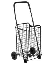 Great for getting around! Pack up and go with this 4-wheeled steel utility cart. Folding flat for storage, this go-getter makes room for your groceries, laundry or whatever needs to be carted around. Great for getting around! Pack up and go with this 4-wheeled steel utility cart. Folding flat for storage, this go-getter makes room for your groceries, laundry or whatever needs to be carted around.