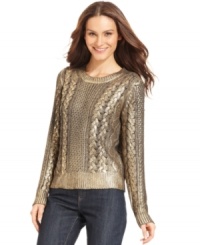 MICHAEL Michael Kors' cable-knit sweater took a dip in luxe metallic for a shimmering finish. MICHAEL Michael Kors' cable-knit sweater took a dip in luxe metallic for a shimmering finish.