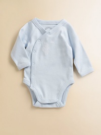 Supersoft cotton one-piece with long sleeves and snaps to the bottom for easy on and off.V-neckline Embroidered armored knight on chest Bottom snap closure Cotton Machine wash Imported Supersoft cotton one-piece with long sleeves and snaps to the bottom for easy on and off.V-neckline Embroidered armored knight on chest Bottom snap closure Cotton Machine wash Imported
