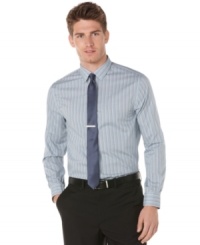 Slim down your business look with this modern trimmed dobby stripe shirt from Perry Ellis. (Clearance) Slim down your business look with this modern trimmed dobby stripe shirt from Perry Ellis. (Clearance)