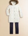 She'll brave the elements in style in this down-filled, quilted anorak design featuring ribbed knit cuffs