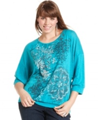 Snag a standout casual look with Style&co.'s three-quarter-sleeve plus size top, showcasing an embellished print. Snag a standout casual look with Style&co.'s three-quarter-sleeve plus size top, showcasing an embellished print.