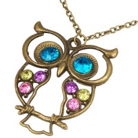 Vintage, Retro Colorful Crystal Owl Pendant and Chain with Antiqued Bronze/Brass Finish Vintage, Retro Colorful Crystal Owl Pendant and Chain with Antiqued Bronze/Brass Finish