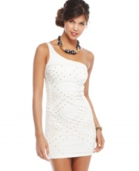 Balmy weather calls for the perfect little white dress and this one-shoulder style from XOXO delivers! Sprinkled in metallic studs and flaunting a super snug fit, it's a dress that makes an entrance at any party! Balmy weather calls for the perfect little white dress and this one-shoulder style from XOXO delivers! Sprinkled in metallic studs and flaunting a super snug fit, it's a dress that makes an entrance at any party!