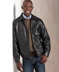 Give your outfit that final, polished touch with this handsome leather bomber jacket from Perry Ellis. Give your outfit that final, polished touch with this handsome leather bomber jacket from Perry Ellis.