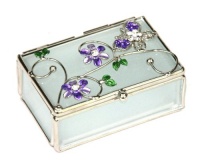 Purple Butterfly and Flowers Glass Jewelry Trinket Box