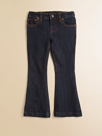 A classic flared silhouette is lightly faded for a subtle vintage look.Front button closureAdjustable waistband with button tabs and belt loopsZip flyFive-pocket stylingFlared hem99% cotton/1% elastaneMachine washImported A classic flared silhouette is lightly faded for a subtle vintage look.Front button closureAdjustable waistband with button tabs and belt loopsZip flyFive-pocket stylingFlared hem99% cotton/1% elastaneMachine washImported