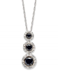 Punctuate your style with a poignant pendant. Round-cut black (1/2 ct. t.w.) and white diamonds (1/4 ct. t.w.) adorn this lovely three-stone drop necklace. Set in 14k white gold with a matching rope chain. Approximate length: 18 inches. Approximate drop: 1/2 inch. Punctuate your style with a poignant pendant. Round-cut black (1/2 ct. t.w.) and white diamonds (1/4 ct. t.w.) adorn this lovely three-stone drop necklace. Set in 14k white gold with a matching rope chain. Approximate length: 18 inches. Approximate drop: 1/2 inch.