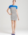 Color blocked details and crisp contrast stripes accent this silk Joie dress with trendsetting flair.