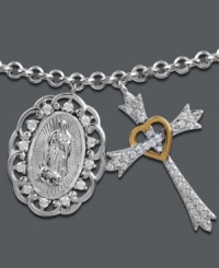 Sentimental and symbolic. Mi Joya Divina's stunning pendant necklace combines pendants featuring Our Lady of Guadalupe and a heart-accented cross. Crafted in 14k gold and sterling silver with sparkling diamonds (3/8 ct. t.w.). Approximate length 18 inches. Approximate drop length: 8/10 (oval). Approximate drop width: 6/10 inch (oval). Approximate drop length: 1 inch (cross). Approximate drop width: 7/10 inch (cross). Sentimental and symbolic. Mi Joya Divina's stunning pendant necklace combines pendants featuring Our Lady of Guadalupe and a heart-accented cross. Crafted in 14k gold and sterling silver with sparkling diamonds (3/8 ct. t.w.). Approximate length 18 inches. Approximate drop length: 8/10 (oval). Approximate drop width: 6/10 inch (oval). Approximate drop length: 1 inch (cross). Approximate drop width: 7/10 inch (cross).