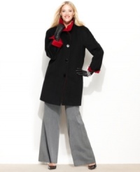 Chic contrast facing and a touch of super-soft angora create an elegant plus size topper from Ellen Tracy. Chic contrast facing and a touch of super-soft angora create an elegant plus size topper from Ellen Tracy.