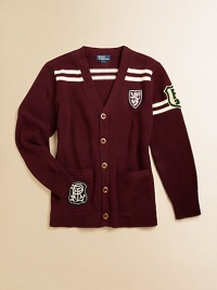 A classic v-neck cardigan is updated with cool patches for a retro look.V-neckLong sleevesButton-frontPatch pocketsCottonMachine washImported Please note: Number of buttons may vary depending on size ordered. A classic v-neck cardigan is updated with cool patches for a retro look.V-neckLong sleevesButton-frontPatch pocketsCottonMachine washImported Please note: Number of buttons may vary depending on size ordered.