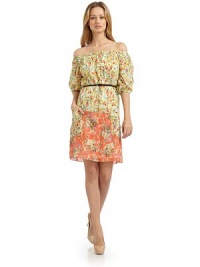 THE LOOKOff the shoulder elastic necklineShort puffy sleevesDetachable thin leather beltTHE FITAbout 35 from shoulder from hemTHE MATERIALBodice: 68% cotton/32% silkSkirt: CottonLining: CottonCARE & ORIGINDry cleanMade in USAModel shown is 5'10 (177cm) wearing US size 4. THE LOOKOff the shoulder elastic necklineShort puffy sleevesDetachable thin leather beltTHE FITAbout 35 from shoulder from hemTHE MATERIALBodice: 68% cotton/32% silkSkirt: CottonLining: CottonCARE & ORIGINDry cleanMade in USAModel shown is 5'10 (177cm) wearing US size 4.