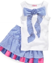 Tie on a sweet style. Blue stripe patterns and an adorable decorative bow on this tank and scooter set give her a fun, breezy look. Tie on a sweet style. Blue stripe patterns and an adorable decorative bow on this tank and scooter set give her a fun, breezy look.
