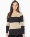 Polished signature buttons accent the sleeve of Lauren Ralph Lauren's sleek boatneck petite sweater crafted from luxurious ribbed cotton.