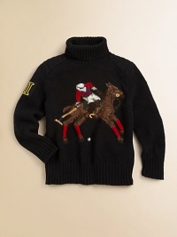 A cashmere-blend sweater features a large multicolored pony for heritage style.Ribbed turtleneckLong sleeves with ribbed cuffsPullover styleReinforced patches at shoulders and elbowsCotton/CashmereDry cleanImported A cashmere-blend sweater features a large multicolored pony for heritage style.Ribbed turtleneckLong sleeves with ribbed cuffsPullover styleReinforced patches at shoulders and elbowsCotton/CashmereDry cleanImported