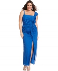 Ruched and ruffled, this plus size dress by Onyx is ready to flatter your figure! Complete the look with sparkling earrings and strappy metallic heels. (Clearance) Ruched and ruffled, this plus size dress by Onyx is ready to flatter your figure! Complete the look with sparkling earrings and strappy metallic heels. (Clearance)