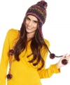 Fun and free-spirited, this adorable hat from Betsey Johnson features cozy, colorful knit that's adorned with pom pom accents. Keeps you warm and whimsical in cold winter weather.