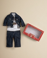 A sporty set for baby-logo tee, jeans and an on-trend denim jacket with elasticized ribbing for changing ease. A sporty set for baby-logo tee, jeans and an on-trend denim jacket with elasticized ribbing for changing ease.