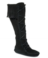 Minnetonka's Front Lace tall boots feature fringe detailing on the shaft and a sporty rubber sole that makes getting around town a breeze. The best of both worlds! Minnetonka's Front Lace tall boots feature fringe detailing on the shaft and a sporty rubber sole that makes getting around town a breeze. The best of both worlds!