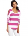 C&C California Women's Stripe 3/4 Sleeve Cut Out Shoulder Tee, Purple Orchid, Small