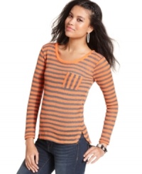 Got a thing for details? This Planet Gold knit top comes fully equipped with semi-sheer stripes, a shirttail hem and exposed zipper at the back. Adorable! Got a thing for details? This Planet Gold knit top comes fully equipped with semi-sheer stripes, a shirttail hem and exposed zipper at the back. Adorable!